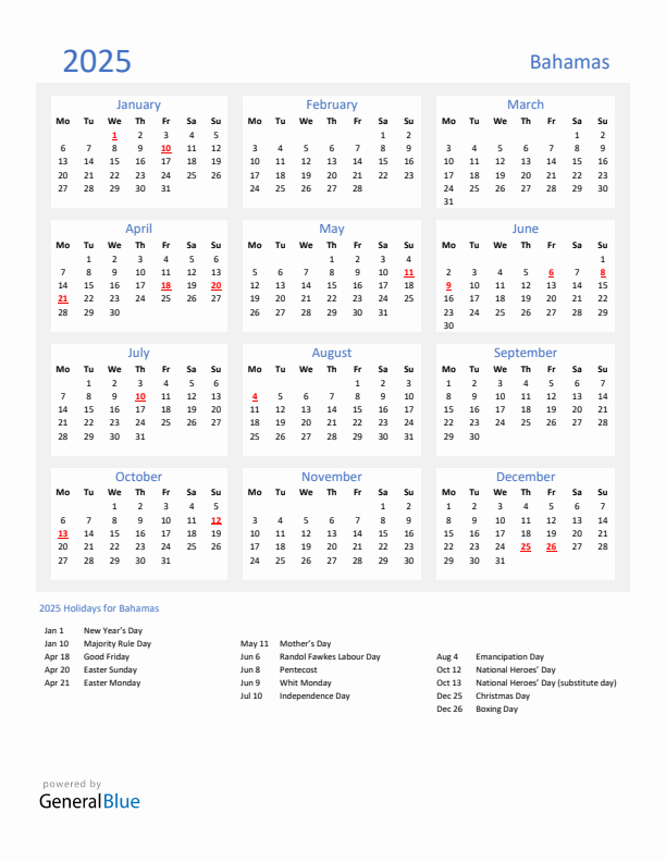 Basic Yearly Calendar with Holidays in Bahamas for 2025