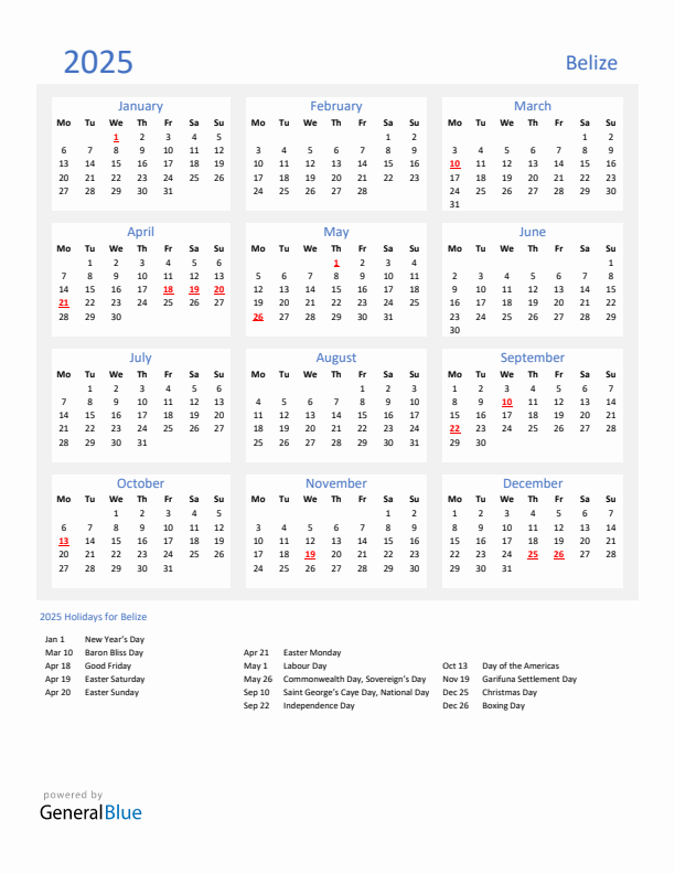 Basic Yearly Calendar with Holidays in Belize for 2025