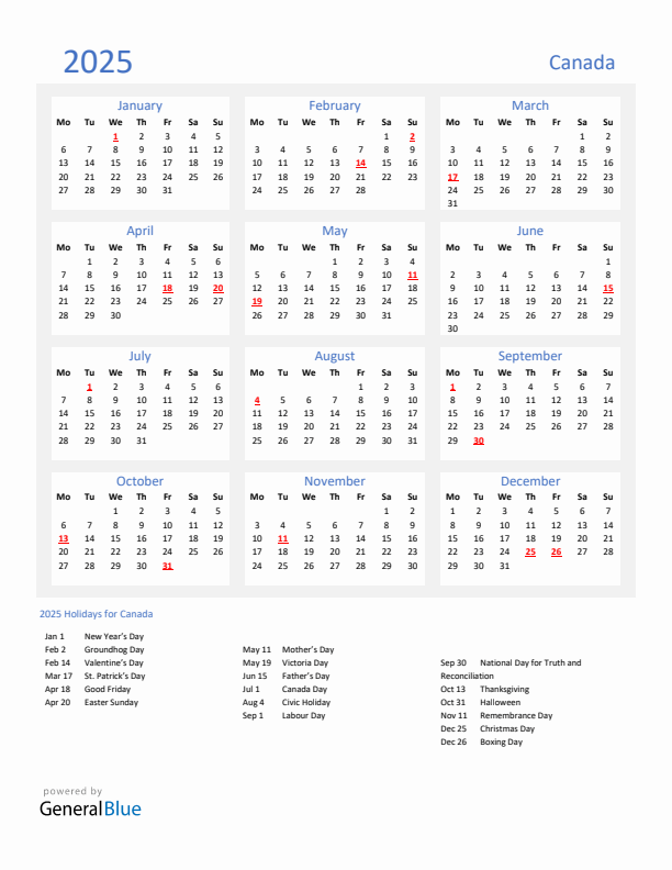 Basic Yearly Calendar with Holidays in Canada for 2025