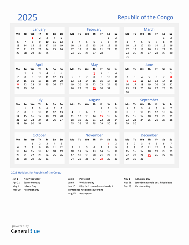 Basic Yearly Calendar with Holidays in Republic of the Congo for 2025 
