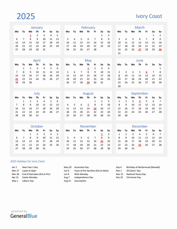 Basic Yearly Calendar with Holidays in Ivory Coast for 2025 