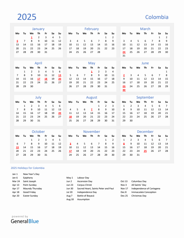 Basic Yearly Calendar with Holidays in Colombia for 2025
