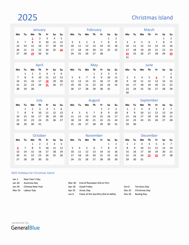 Basic Yearly Calendar with Holidays in Christmas Island for 2025