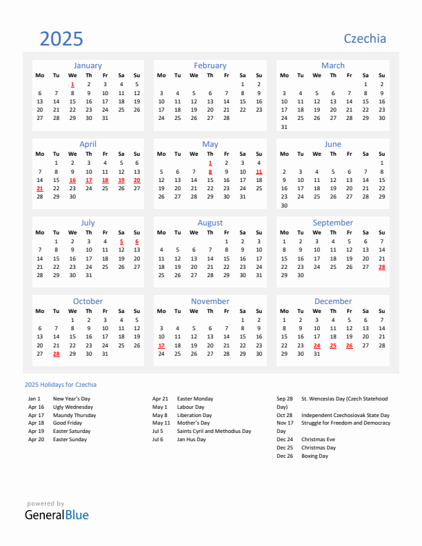 Basic Yearly Calendar with Holidays in Czechia for 2025 