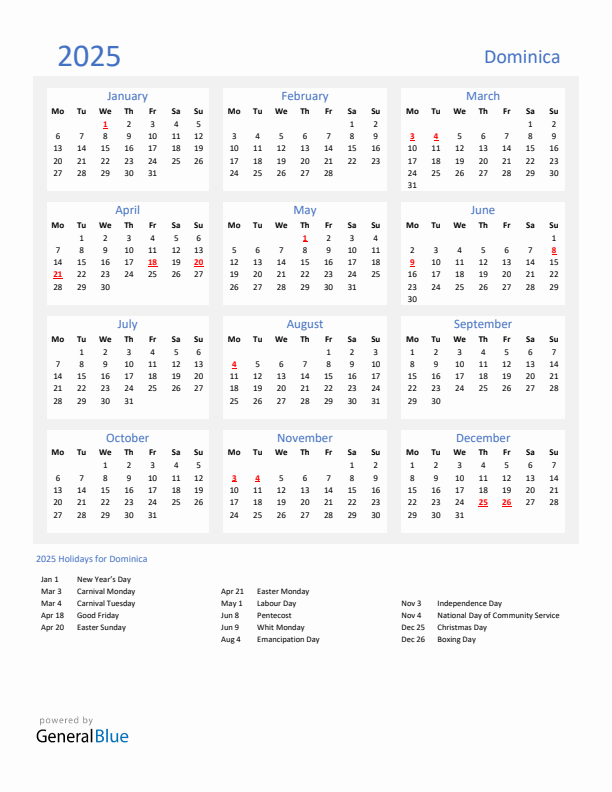 Basic Yearly Calendar with Holidays in Dominica for 2025