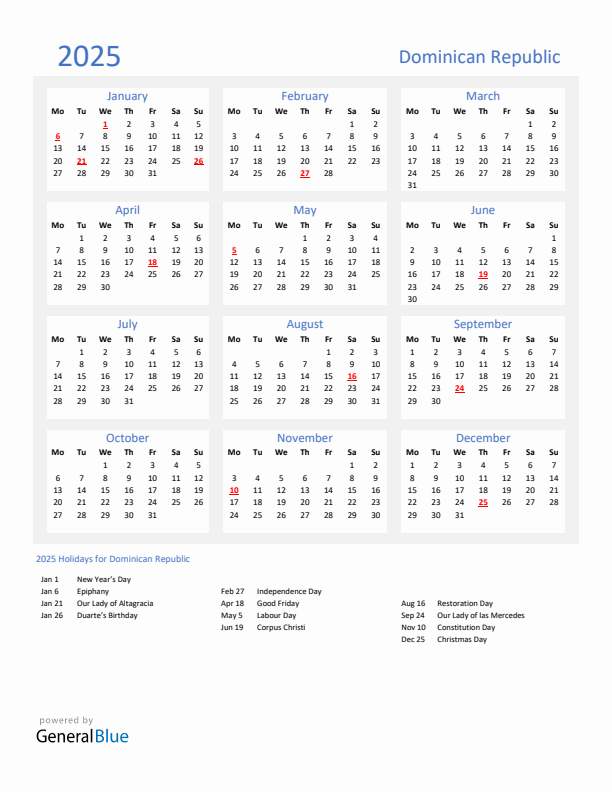 Basic Yearly Calendar with Holidays in Dominican Republic for 2025