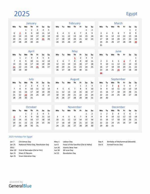 Basic Yearly Calendar with Holidays in Egypt for 2025 