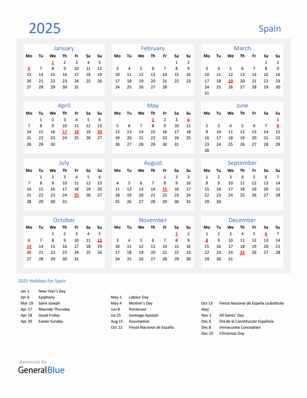 Basic Yearly Calendar with Holidays in Spain for 2025