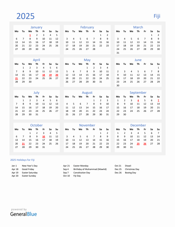 Basic Yearly Calendar with Holidays in Fiji for 2025 