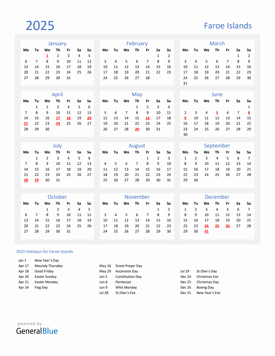 Basic Yearly Calendar with Holidays in Faroe Islands for 2025 - Monday ...