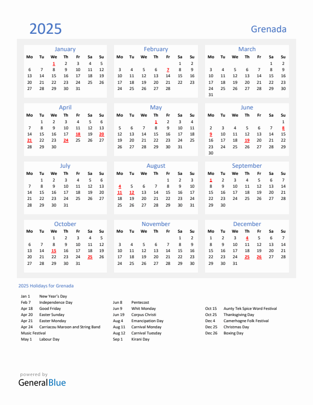 Basic Yearly Calendar with Holidays in Grenada for 2025