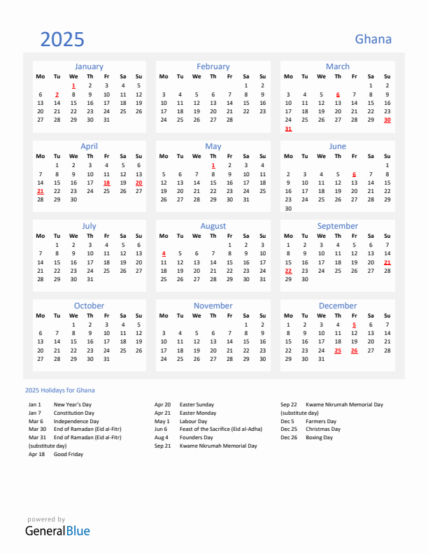 Basic Yearly Calendar with Holidays in Ghana for 2025 