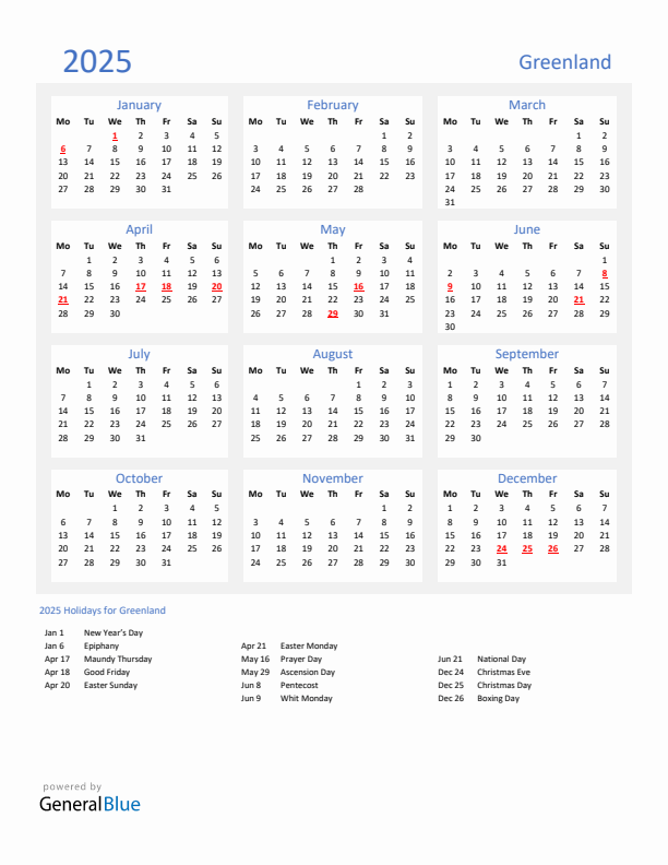 Basic Yearly Calendar with Holidays in Greenland for 2025 
