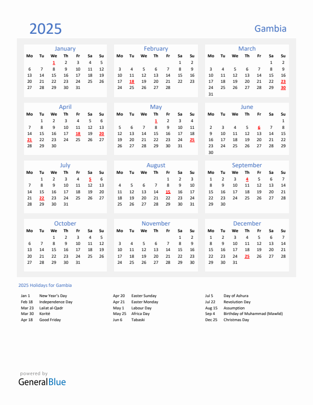 Basic Yearly Calendar with Holidays in Gambia for 2025 