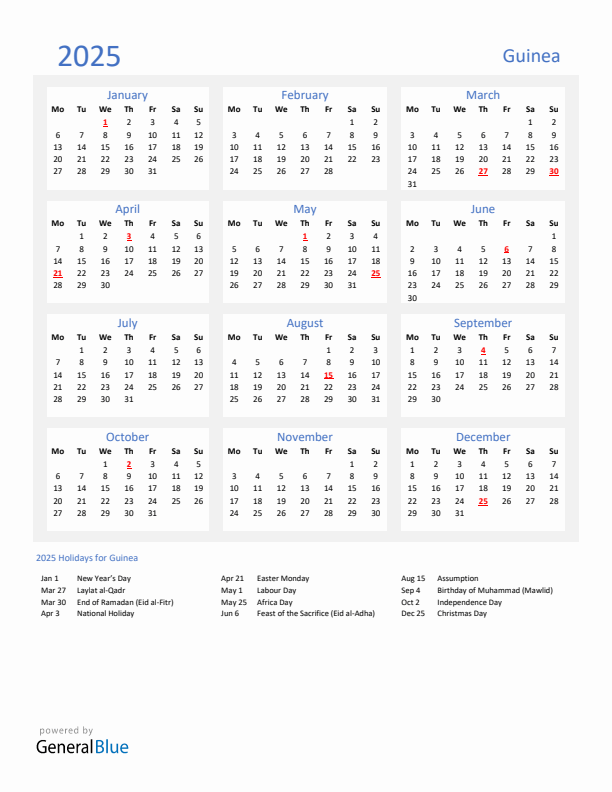 Basic Yearly Calendar with Holidays in Guinea for 2025 