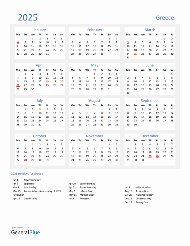 Basic Yearly Calendar with Holidays in Greece for 2025