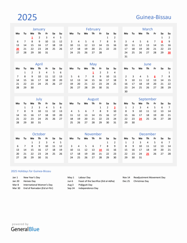 Basic Yearly Calendar with Holidays in Guinea-Bissau for 2025 