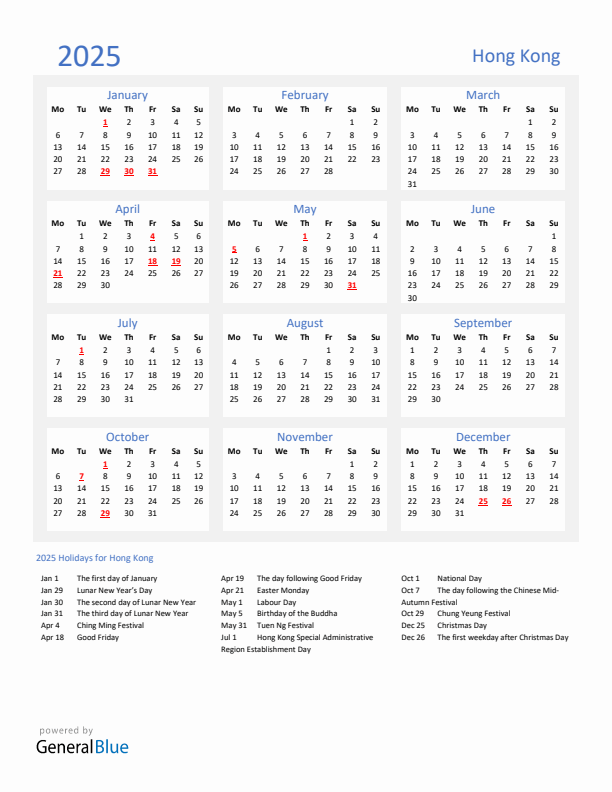 Basic Yearly Calendar with Holidays in Hong Kong for 2025 