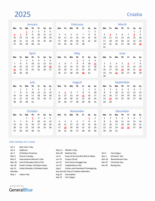 Basic Yearly Calendar with Holidays in Croatia for 2025