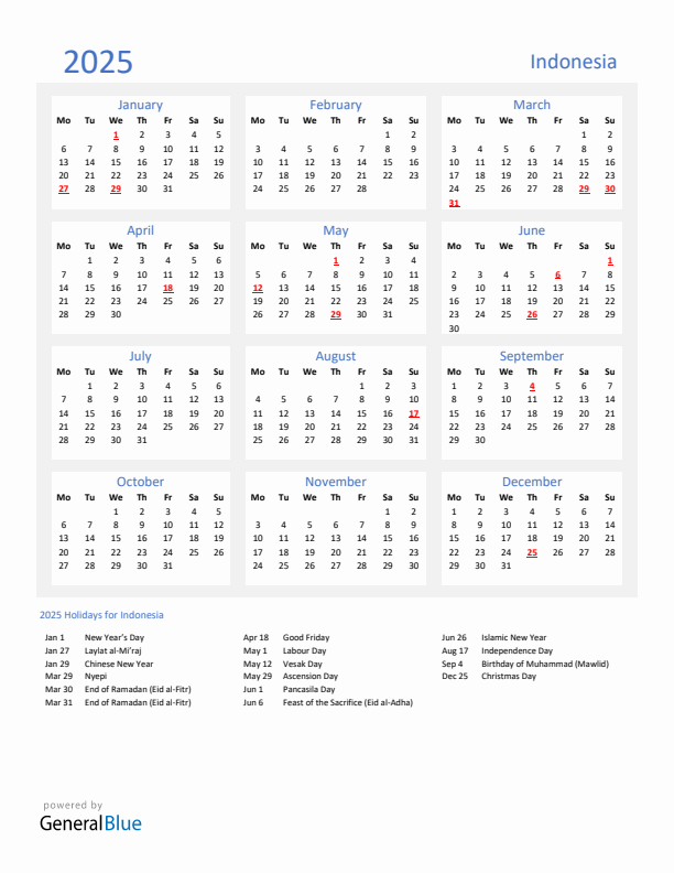 Basic Yearly Calendar with Holidays in Indonesia for 2025 
