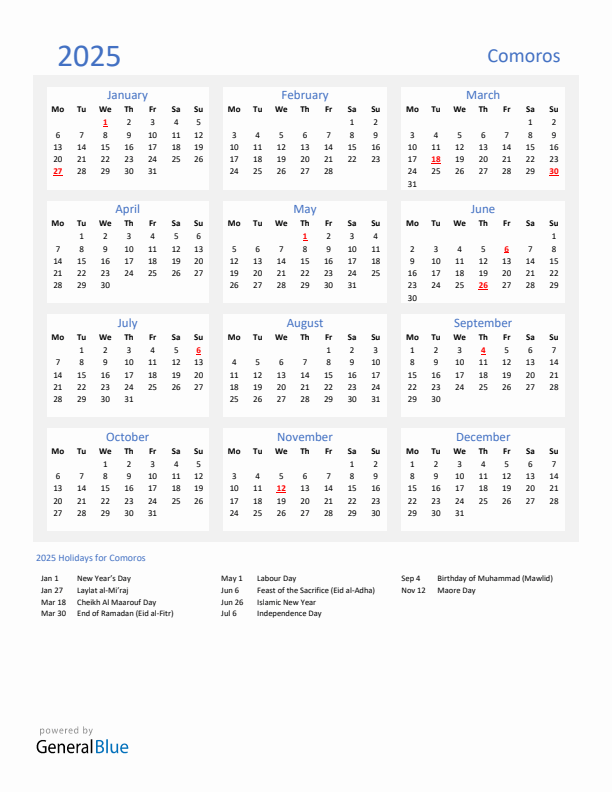 Basic Yearly Calendar with Holidays in Comoros for 2025 