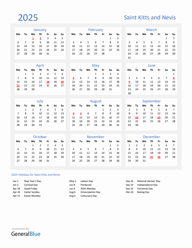 Basic Yearly Calendar with Holidays in Saint Kitts and Nevis for 2025 