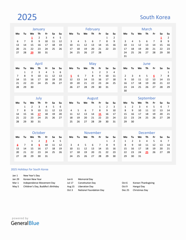 Basic Yearly Calendar with Holidays in South Korea for 2025