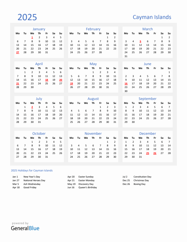 Basic Yearly Calendar with Holidays in Cayman Islands for 2025 