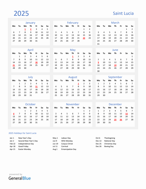 Basic Yearly Calendar with Holidays in Saint Lucia for 2025 