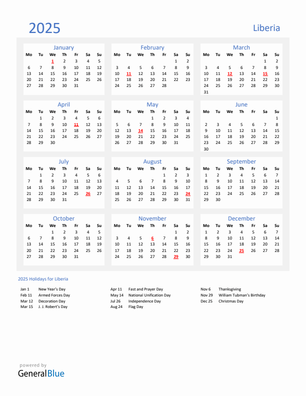 Basic Yearly Calendar with Holidays in Liberia for 2025 