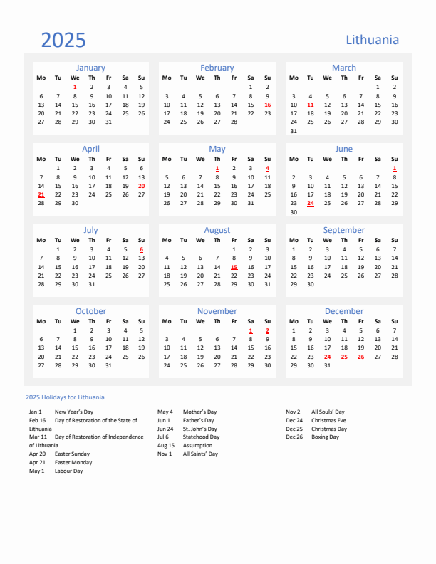 Basic Yearly Calendar with Holidays in Lithuania for 2025 