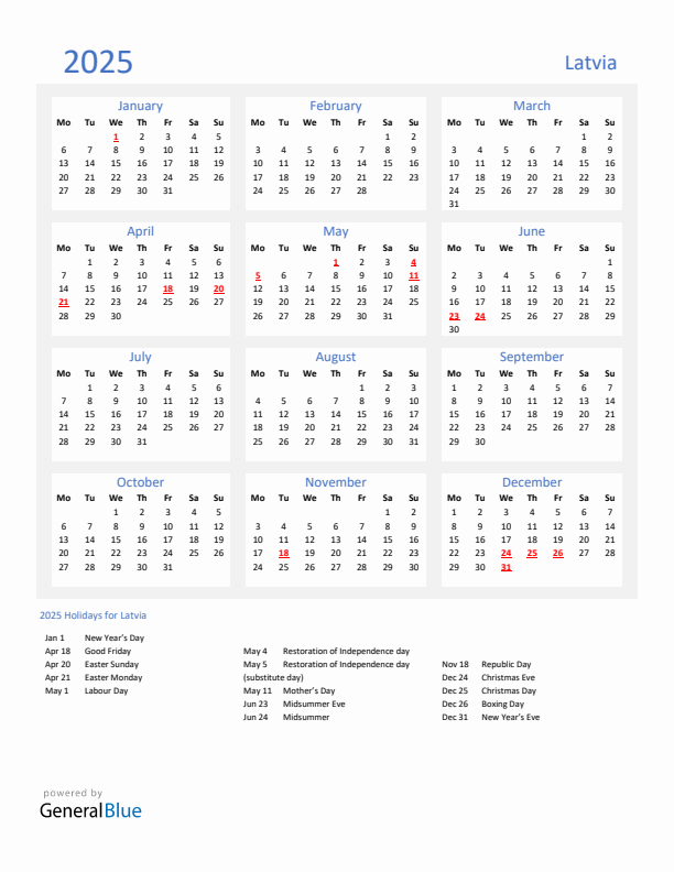 Basic Yearly Calendar with Holidays in Latvia for 2025