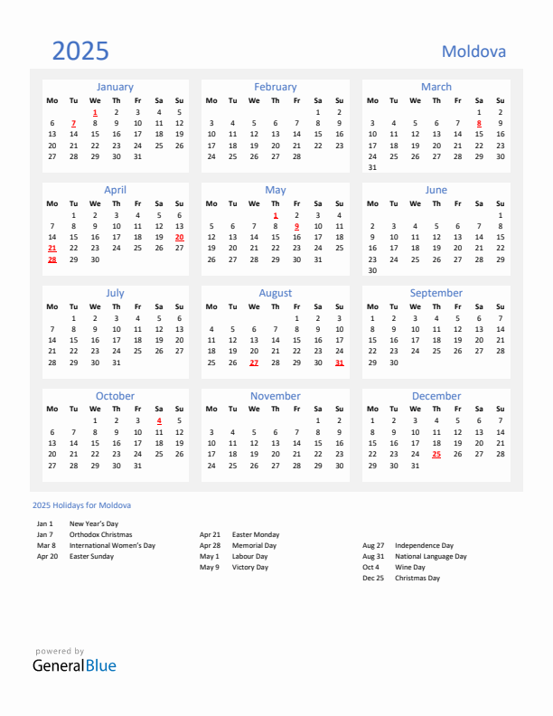 Basic Yearly Calendar with Holidays in Moldova for 2025