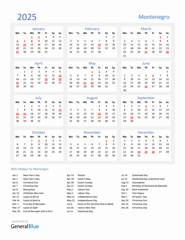 Basic Yearly Calendar with Holidays in Montenegro for 2025 