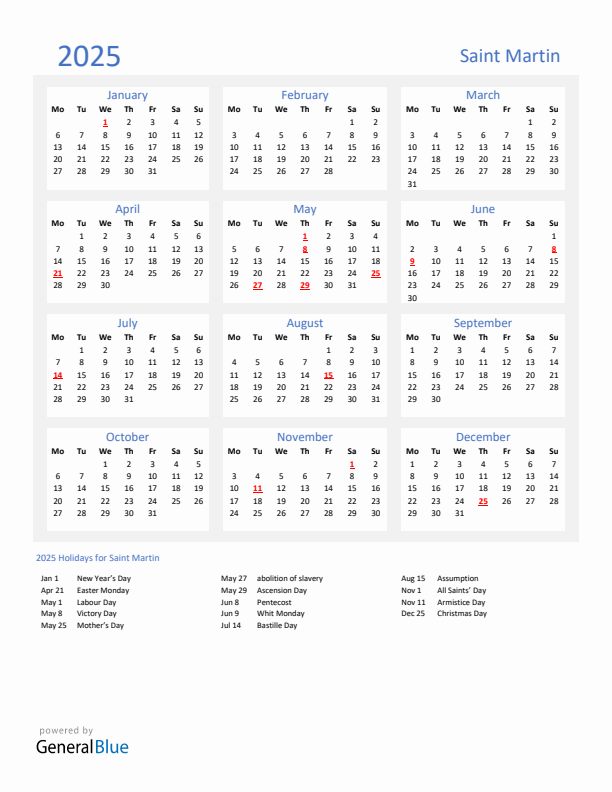 Basic Yearly Calendar with Holidays in Saint Martin for 2025 