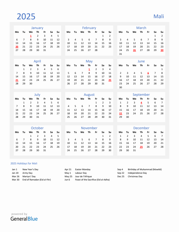 Basic Yearly Calendar with Holidays in Mali for 2025 