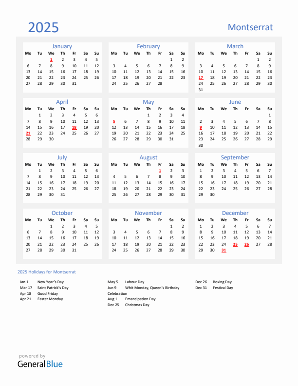 Basic Yearly Calendar with Holidays in Montserrat for 2025 