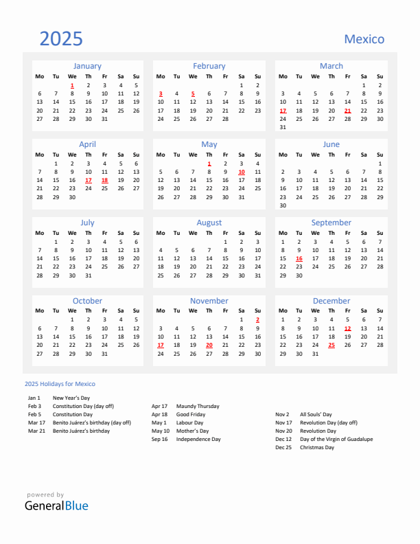 Basic Yearly Calendar with Holidays in Mexico for 2025