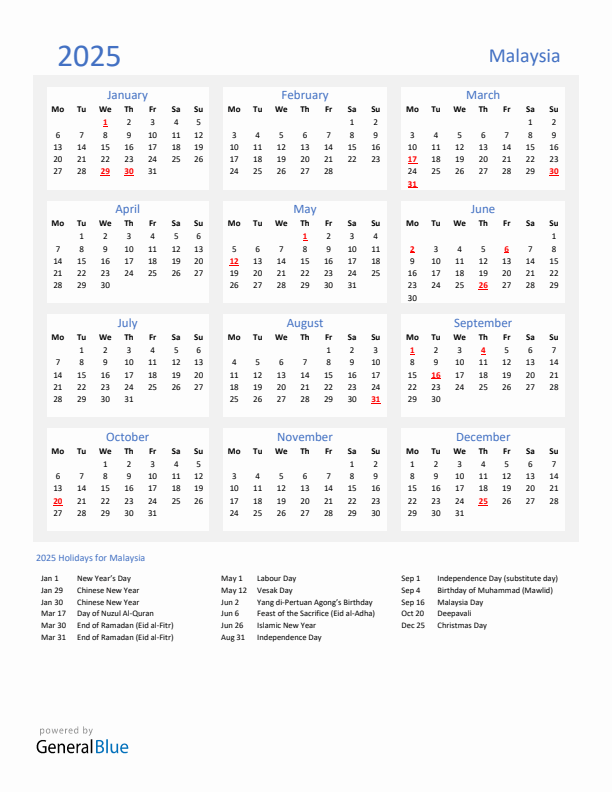 Basic Yearly Calendar with Holidays in Malaysia for 2025 