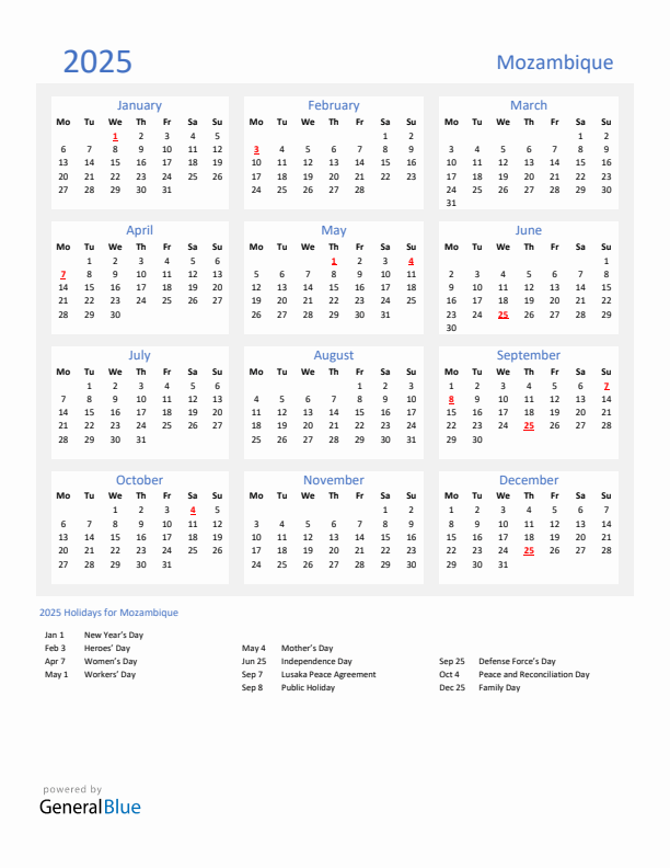 Basic Yearly Calendar with Holidays in Mozambique for 2025