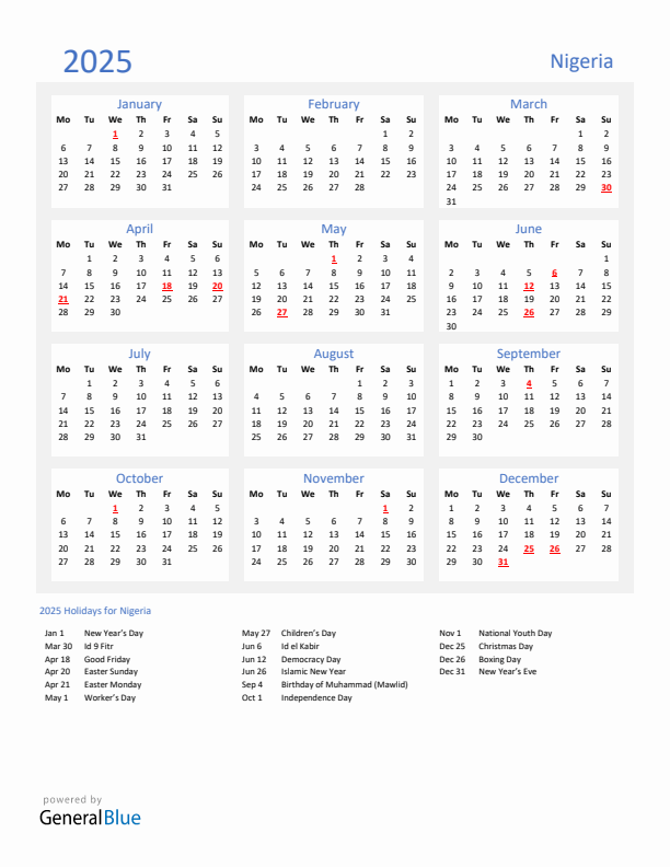 Basic Yearly Calendar with Holidays in Nigeria for 2025 