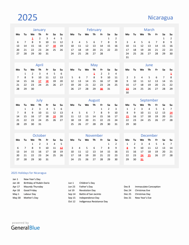 Basic Yearly Calendar with Holidays in Nicaragua for 2025