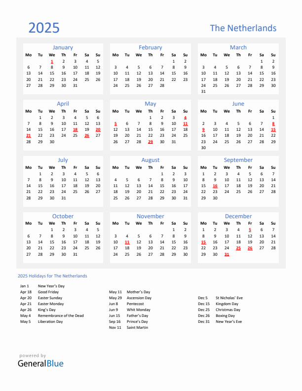 Basic Yearly Calendar with Holidays in The Netherlands for 2025