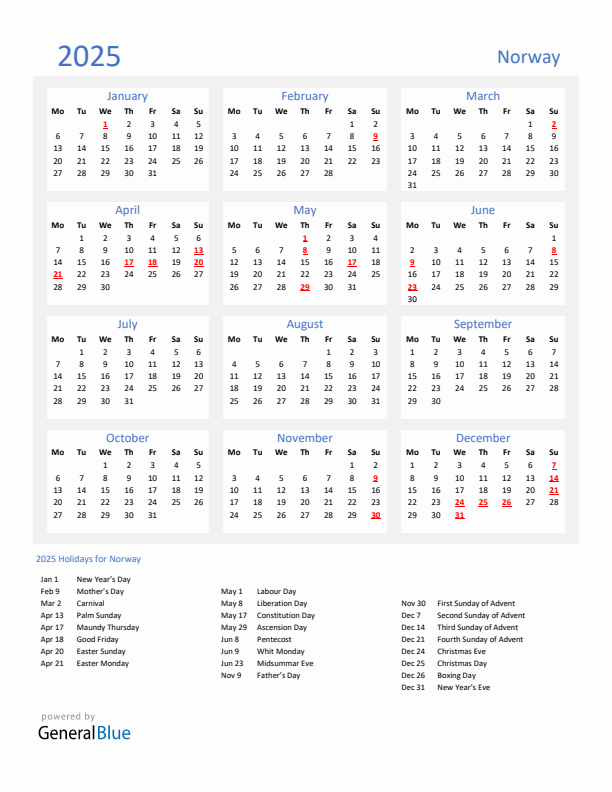 Basic Yearly Calendar with Holidays in Norway for 2025