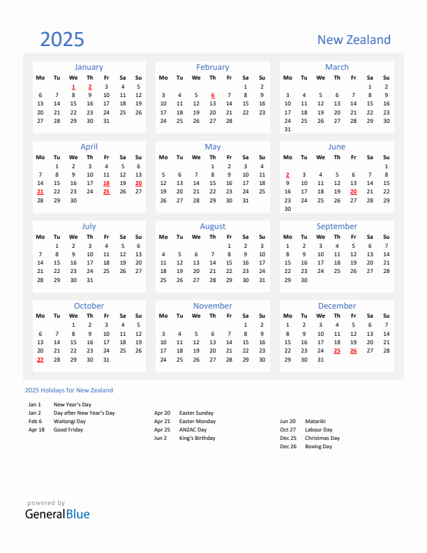 2025 New Zealand Calendar with Holidays