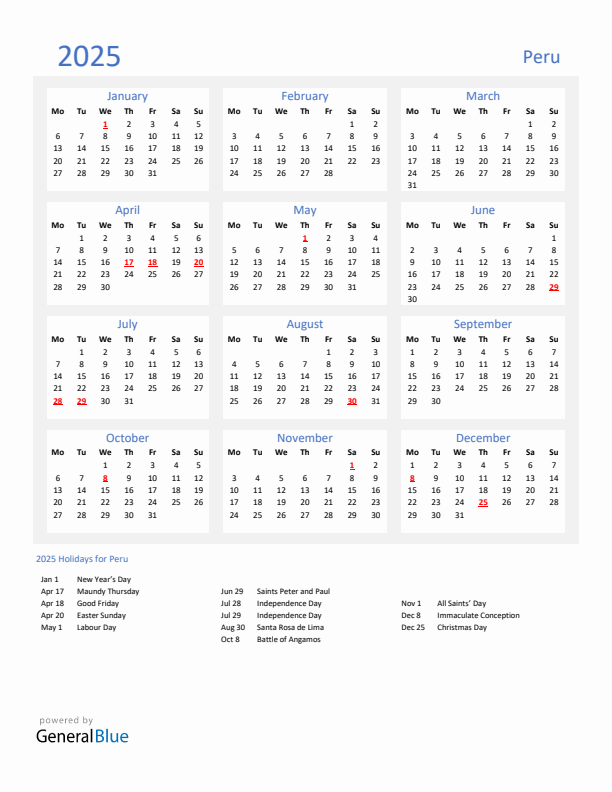 Basic Yearly Calendar with Holidays in Peru for 2025