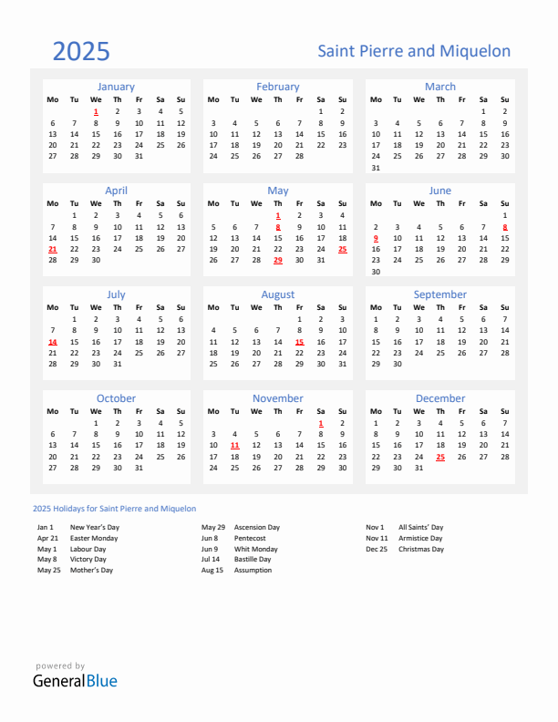 Basic Yearly Calendar with Holidays in Saint Pierre and Miquelon for 2025 