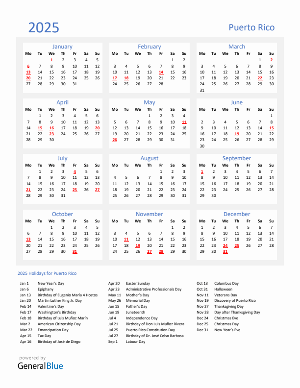 Basic Yearly Calendar with Holidays in Puerto Rico for 2025 