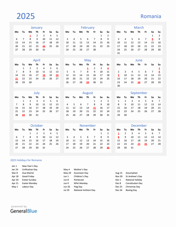 Basic Yearly Calendar with Holidays in Romania for 2025