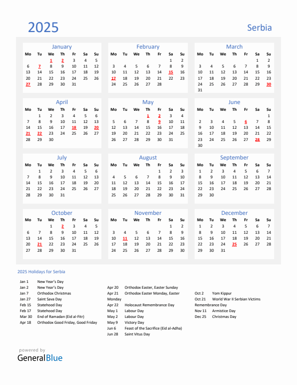Basic Yearly Calendar with Holidays in Serbia for 2025